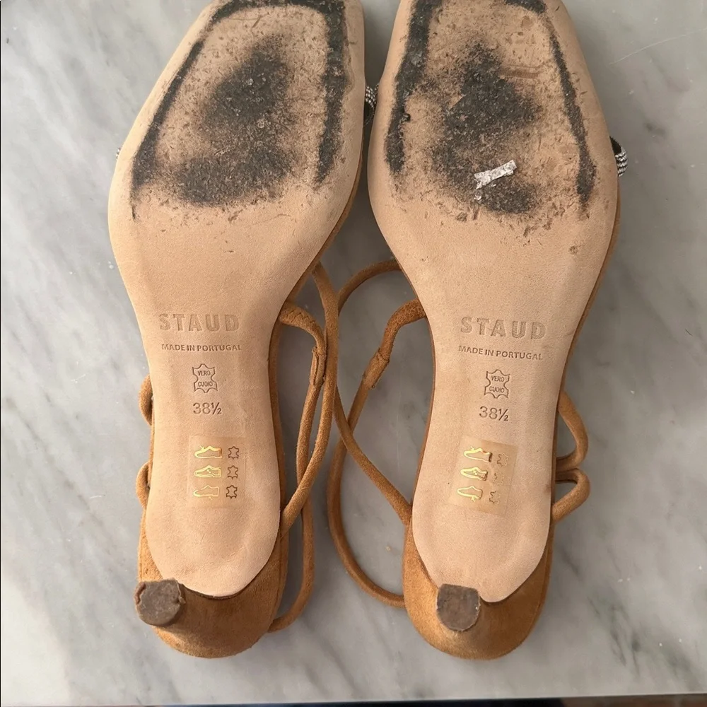 STAUD Tan Suede Strappy Heeled Sandals Rhinestone laurel Crystal heel size 38.5 - Picture 6 of 16